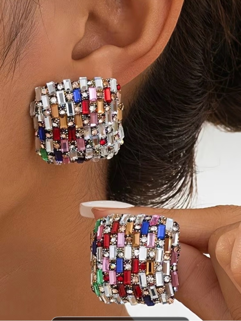 Multicolor Crystal Mosaic Wide Earrings - Women Jewelry